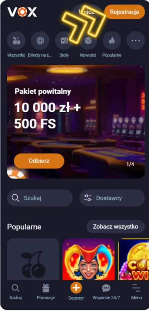 Kasyno Vox przycisk rejestracji