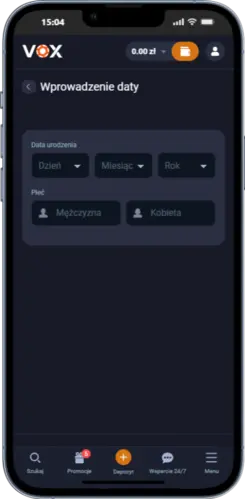 Wprowadzenie daty urodzenia i wybór płci